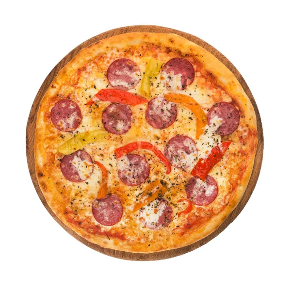 Würzige Pizza Mit Salami Und Paprika Isoliert Auf Weißem Hintergrund — Stockfoto