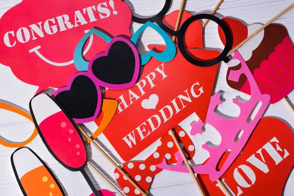 Set Wedding Props Funny Photo Shoot Glasses Lips Arrow Bow — Stock Photo, Image