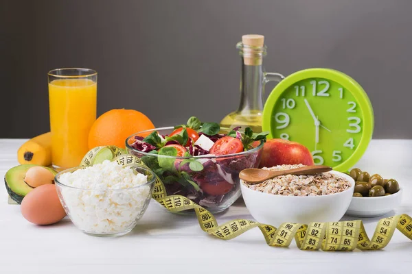 Zdrowa Żywność Diety Świeżymi Warzywami Owocami Owsianką Czas Przestać Jeść — Zdjęcie stockowe