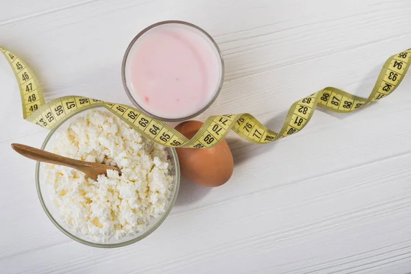 Cena Con Requesón Huevo Yogur Concepto Dieta Fondo — Foto de Stock