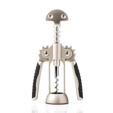 Metal şarap tirbuşonu beyaz arkaplanda izole edilmiş.