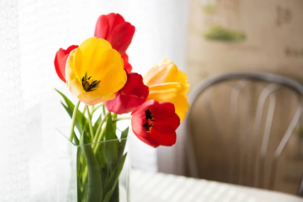 Klara Röda Och Gula Blommor Tulpaner Nära Fönstret Vid Köksbordet — Stockfoto