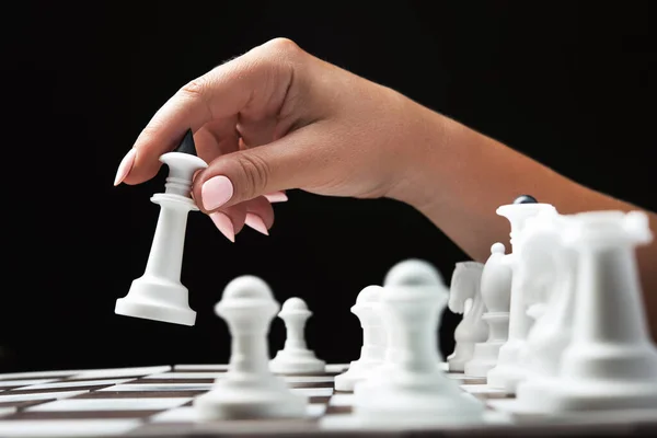 Woman Plays Chess Holds Figure Her Hands Black Background — Stock Photo, Image