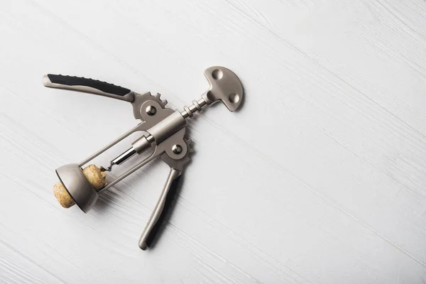 Wine Corkscrew White Wooden Table Alcohol Background — Stock Photo, Image