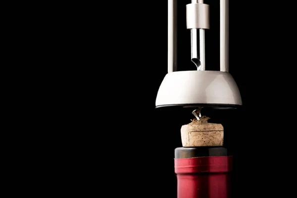 Red Wine Bottle Open Corkscrew Isolated Black Background — Stock Photo, Image