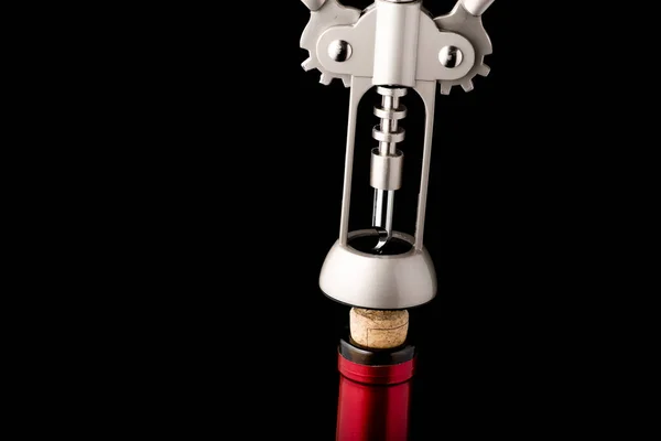 Red Wine Bottle Open Corkscrew Isolated Black Background — Stock Photo, Image