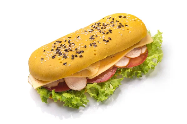 サラダと色のサンドイッチ 白い背景に隔離されたチーズ ファーストフードのスナック — ストック写真