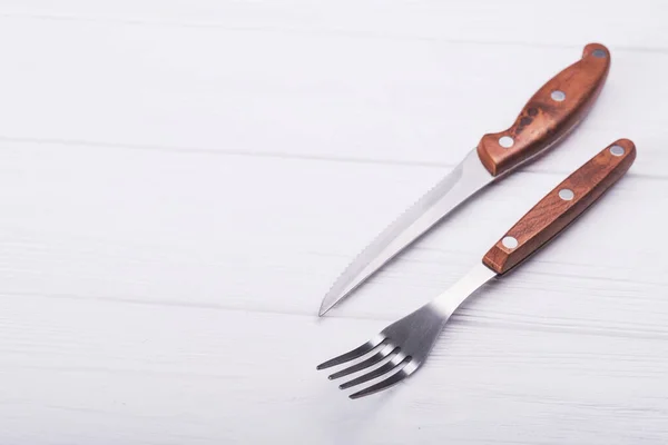 Nůž Vidlička Dřevěném Stole Příbory Pozadí — Stock fotografie