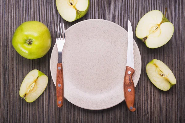 Green Apple Fruit Plate Top View Vegetarian Breakfast — Stock Photo, Image