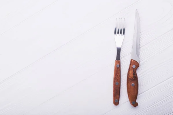 Faca Garfo Madeira Table Cutlery Fundo — Fotografia de Stock