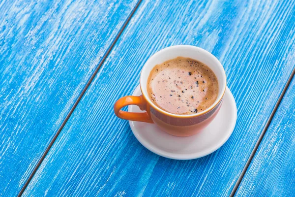 Taza Café Mañana Mesa Vieja Azul Madera Sabroso Desayuno — Foto de Stock