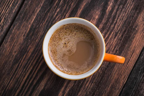 Orange Kaffeetasse Auf Altem Holztisch Aromagetränk — Stockfoto