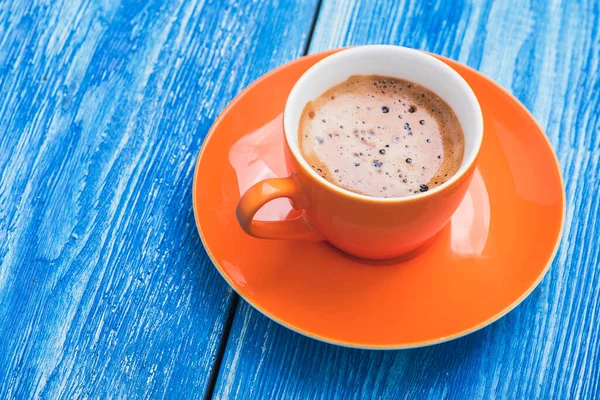 Tasse Café Matin Sur Vieille Table Bleue Bois Savoureux Petit — Photo