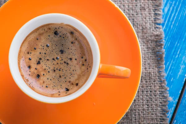 Tasse Café Matin Sur Vieille Table Bleue Bois Savoureux Petit — Photo