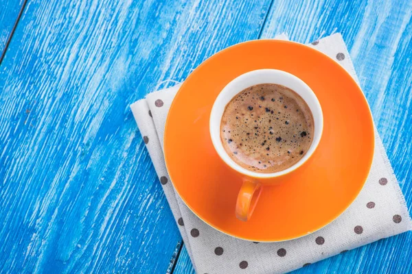Morgens Kaffeetasse Auf Holzblauem Alten Tisch Leckeres Frühstück Ansicht Von — Stockfoto