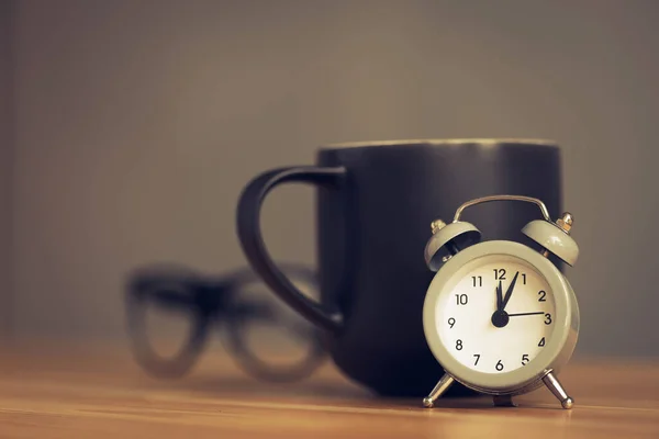 Metal Old Alarm Clock Coffee Cup Wood Table Break Office Royalty Free Stock Photos