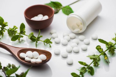 Beyaz arka planda bitkisel bitki içeren organik tıbbi haplar. Etik bilimi konsepti. en üstteki görünüm