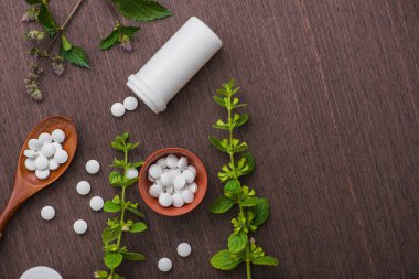 Ahşap masa üzerinde bitkisel bitki bulunan organik tıbbi haplar. Etnosbilim konsepti.