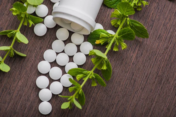 Medicamentos Pílulas Ervas Com Garrafa Fundo Farmácia Orgânica Alternativa — Fotografia de Stock