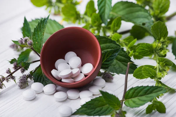 Pastillas Hierbas Medicinales Con Hoja Mesa Blanca Terapia Orgánica Alternativa —  Fotos de Stock