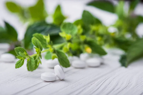 Medicamentos Pílulas Ervas Com Folha Mesa Branca Terapia Orgânica Alternativa — Fotografia de Stock