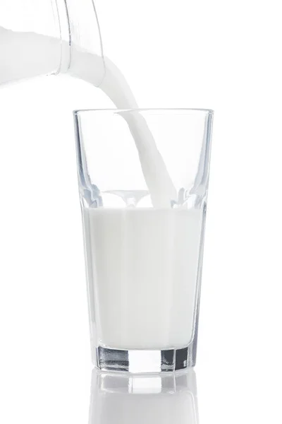 Świeże Mleko Wlewane Szklanki Wyizolowanej Białym Tle — Zdjęcie stockowe
