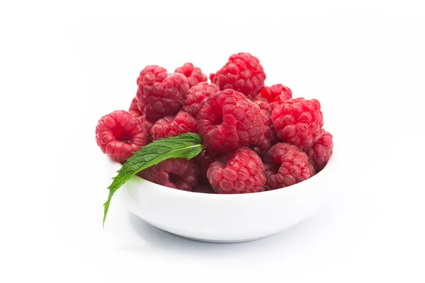 Sweet Dessert Ripe Raspberry Bowl Isolated White Background — Stock Photo, Image