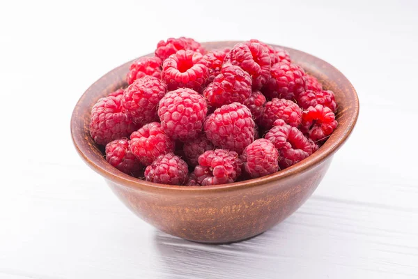 Red Fresh Raspberry Bowl Wooden Table — Stock Photo, Image