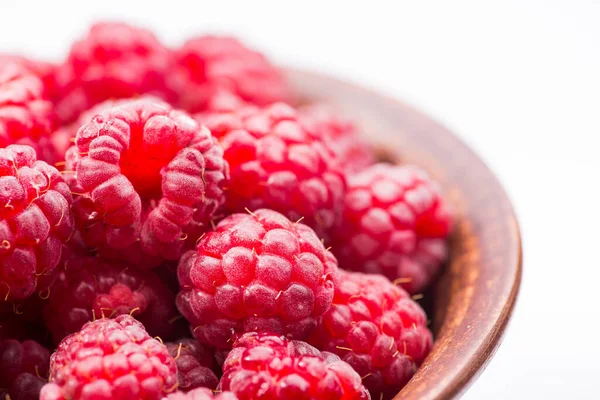 Red Fresh Raspberry Bowl Wooden Table — Stock Photo, Image