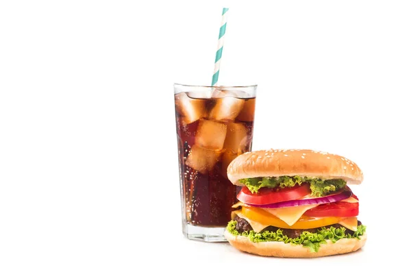 Snack Fastfood Con Hamburguesa Vaso Cola Aislado Sobre Fondo Blanco — Foto de Stock