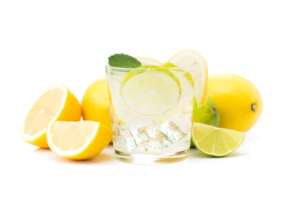 Fresh Lemon Water Glass Isolated White Background Refreshment Cooling Beverage — Stock Photo, Image