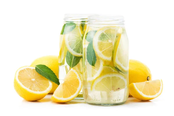 Fresh Lemon Drink Bottle Glass Fruits Isolated White Background Refreshment — Stock Photo, Image