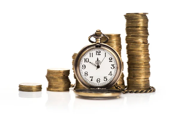 Beyaz Arka Planda Izole Edilmiş Altın Para Kronometre Yığını Finans — Stok fotoğraf