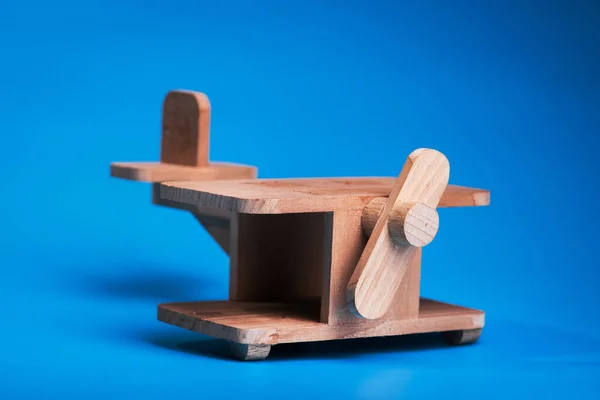 Wooden Plane Toy Blue Background Vintage Kids Airplane — Stock Photo, Image