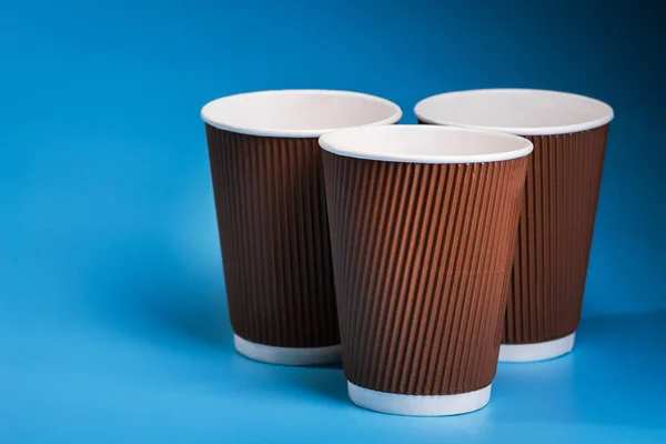 Paper Coffee Cups Blue Background Takeaway Drink Container — Stock Photo, Image