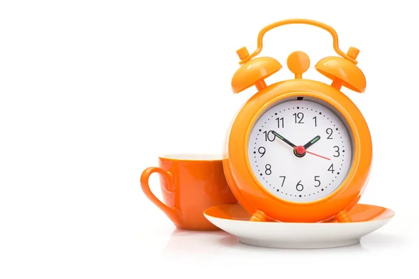 Orange Coffee Cup Alarm Clock Isolated White Background Break Work — стоковое фото