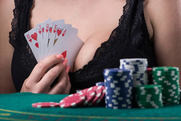 Sexy Woman Black Underwear Big Boobs Playing Poker Game Table — Stock Photo, Image