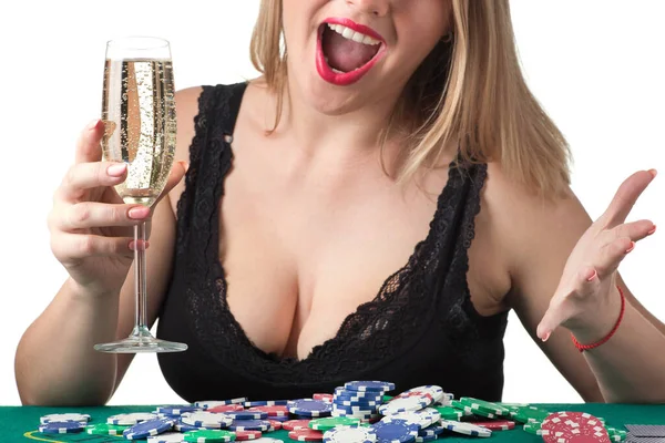 Sexy Blonde Vrouw Zwart Kant Ondergoed Spelen Poker Met Een — Stockfoto