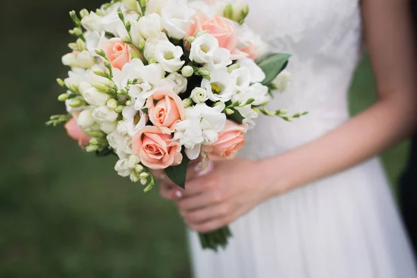 Bride Holding Wedding Flower Bouquet Outdoors Romantic Background Stock Photo