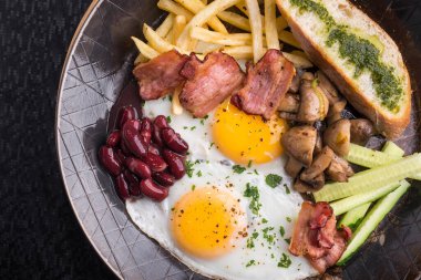 Yumurtalı İngiliz kahvaltısı, pastırma, mantar, fasulye ve tavada kızarmış patates.