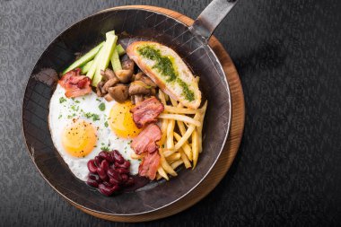 Yumurtalı İngiliz kahvaltısı, pastırma, mantar, fasulye ve tavada kızarmış patates.