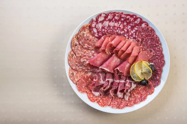 Meat Plate Set Salami Bacon Hamon White — Stock Photo, Image