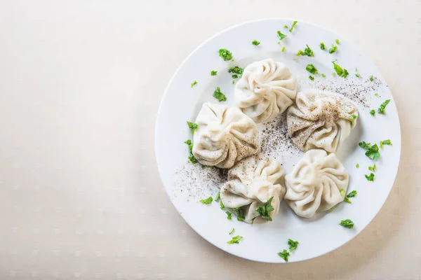 Tasty Georgian Dumplings Khinkali Parsley White Plate — Stock Photo, Image