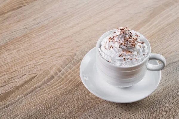 Tasty Coffee Cup Frappe Cream Chocolate Chips Wooden Table — Stock Photo, Image