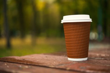 Kağıt bardak, parktaki ahşap bankta kahveyi götürür, soğuk sonbahar havasında. 