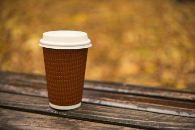 Kağıt bardak, parktaki ahşap bankta kahveyi götürür, soğuk sonbahar havasında. 