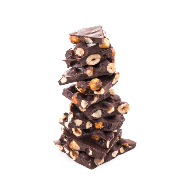 甜食巧克力片 坚果与白色背景隔离 — 图库照片