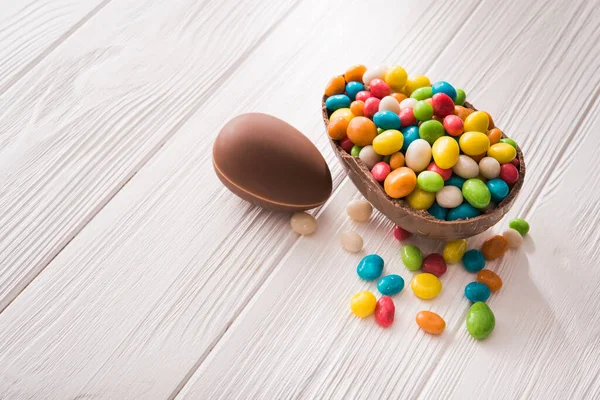 Easter Dessert Tasty Chocolate Egg Color Candy Dragee Wooden Table — Stock Photo, Image