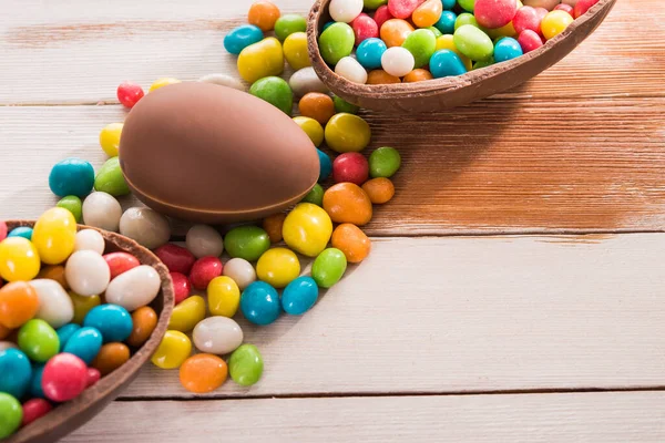 Easter Dessert Tasty Chocolate Egg Color Candy Dragee Wooden Table — Stock Photo, Image