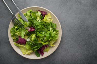Taze yeşil salata, marul ve roka ile taş masada. diyet konsepti. Vejetaryen yemeği. en üstteki görünüm